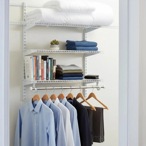 Four Pack 25 Inch Adjustable Closet Track Shelving System Rails showing organized clothes and items in closet