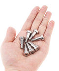 Ten Pack M6 Hex Socket Shoulder Screws Featuring A Slick Eight Millimeter Smooth Shoulder And Twelve Millimeter Thread Cut From Top Tier 304 Stainless Steel in hand.