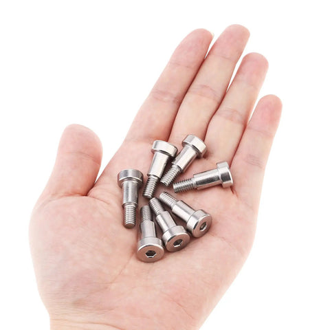 Ten Pack M6 Hex Socket Shoulder Screws Featuring A Slick Eight Millimeter Smooth Shoulder And Twelve Millimeter Thread Cut From Top Tier 304 Stainless Steel in hand.
