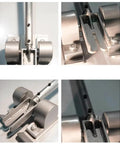 Close-up views of a rugged heavy duty manual slag remover for welding and thermal cutting with a durable metal frame and blade.