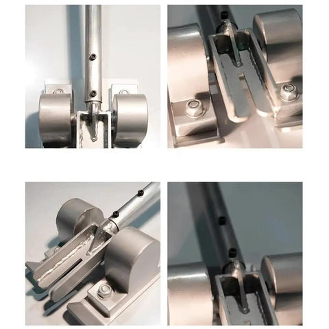 Close-up views of a rugged heavy duty manual slag remover for welding and thermal cutting with a durable metal frame and blade.