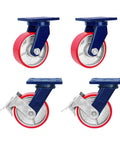 Set Of Four Six Inch Heavy Duty Casters With Swivel Locking Brakes And Double Ball Bearings featuring red wheels and sturdy mounts.