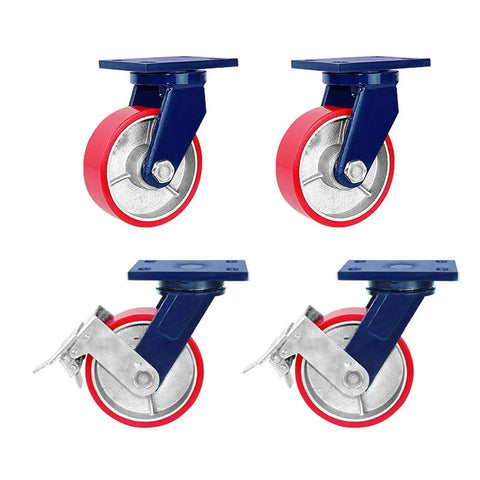 Set Of Four Six Inch Heavy Duty Casters With Swivel Locking Brakes And Double Ball Bearings featuring red wheels and sturdy mounts.