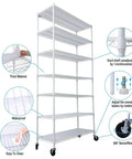 Seven Tier Heavy Duty Wire Storage Shelving Unit With Adjustable Shelves And Locking Casters 82 Inches Tall with feature highlights