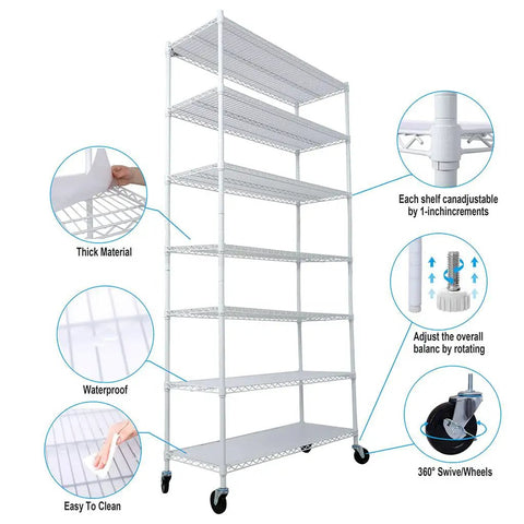 Seven Tier Heavy Duty Wire Storage Shelving Unit With Adjustable Shelves And Locking Casters 82 Inches Tall with feature highlights