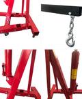 Heavy Duty Folding Engine Hoist And Cherry Picker Garage Workhorse showing steel frame, hydraulic lift, and hook details.