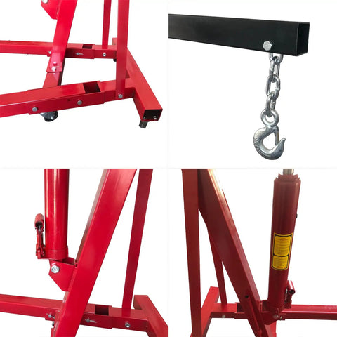 Heavy Duty Folding Engine Hoist And Cherry Picker Garage Workhorse showing steel frame, hydraulic lift, and hook details.