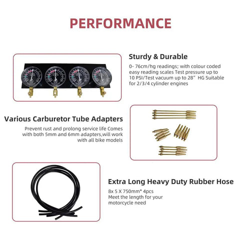 Universal Vacuum Carburetor Synchronization Balancer Gauge Kit For Motorcycles And Auto Vacuum Systems Easy Install Carb Synchronizer Tool For 2 To 4 Carb Setups Compatible With Most Bikes And Cars. 4-gauge set with hoses and adapters