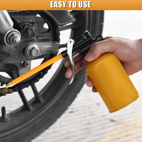 GAOLAOSY metal oil can with straight and flexible spout, 250ml pistol pump oiler for cars, bikes and machines.