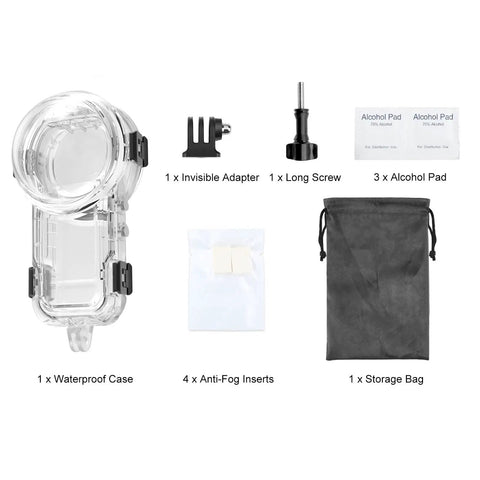 60M Underwater Case For X5 Action Camera, Waterproof Housing With Ultra Clear PMMA Lens, accessories, and storage bag displayed