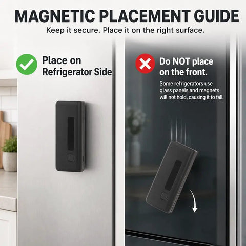 Magnetic placement guide for Pocket Size Bag Sealer With USB 1300mAh Rechargeable Battery LED Power Display, showing fridge side attachment.
