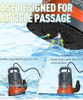 Heavy Duty Workhorse Submersible Sump Pump With 1Hp Electric Motor and 4000 Gph Swift Flow showing base designed for particle passage.