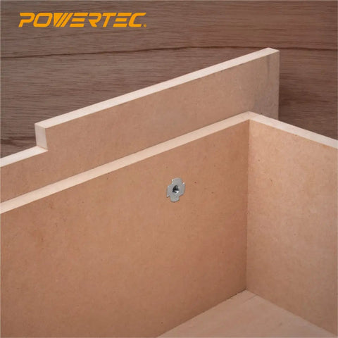 Heavy Duty Zinc Plated Tee Nuts 1/4 20 Thread 50 Pack for Woodworking Furniture Builds secured in MDF corner.
