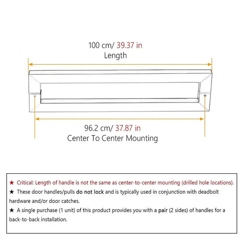Diagram of stainless steel sliding barn door handle pull for shower glass showing dimensions of 100 cm length and 96.2 cm mounting.