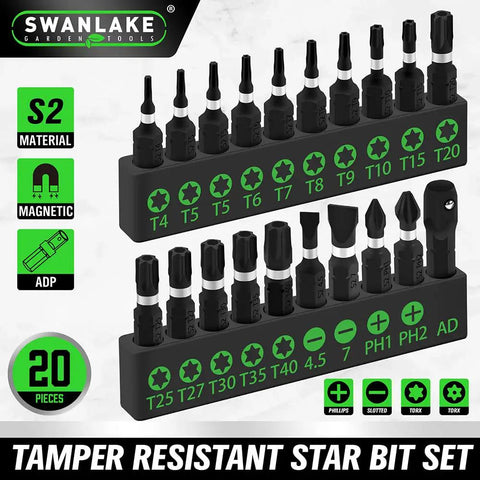20 Piece Tamper Resistant Torx Bit Set with One Quarter Inch Hex Shank, Impact Grade Security Bits T4 to T40 in S2 Alloy Steel