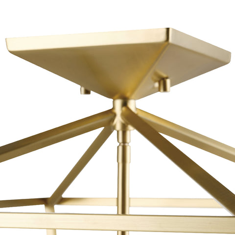 Close-up of frame of Sheldon Brass Four Light Industrial Farmhouse Semi Flush Ceiling Mount Light With Open Frame Design