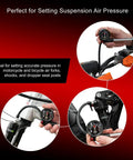 High Pressure Suspension Pump For Motorcycle And Bicycle Air Forks Shocks And Dropper Posts 20 To 300 Psi With Easy Bleeder Button shown in use
