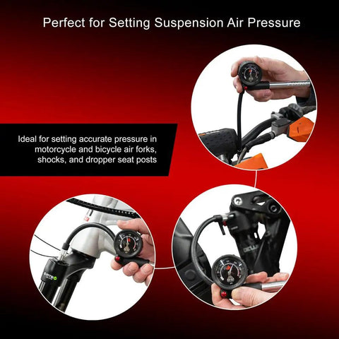 High Pressure Suspension Pump For Motorcycle And Bicycle Air Forks Shocks And Dropper Posts 20 To 300 Psi With Easy Bleeder Button shown in use