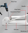 This 24 Inch Shrink Wrap Machine And Heat Sealer Is A Total Game Changer For Home Or Business, showing heat gun, adjustment panel, and membrane frame.