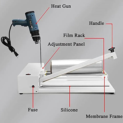 This 24 Inch Shrink Wrap Machine And Heat Sealer Is A Total Game Changer For Home Or Business, showing heat gun, adjustment panel, and membrane frame.