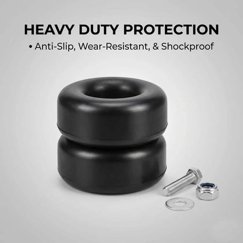 Heavy Duty 2.5 Inch Ramp Door Rubber Bumpers For Trailers With Screw And Washer Kits, High Density Durable Pads To Protect Trailer Backs From Harsh Weather Damage And Wear And Tear. black rubber trailer bumper pad with screw, nut, and washer