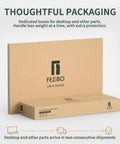 Packaging for Premium FEZIBO Triple Motor L Shaped Electric Standing Desk 63 Inches Wide Corner Gaming Workstation in brown.