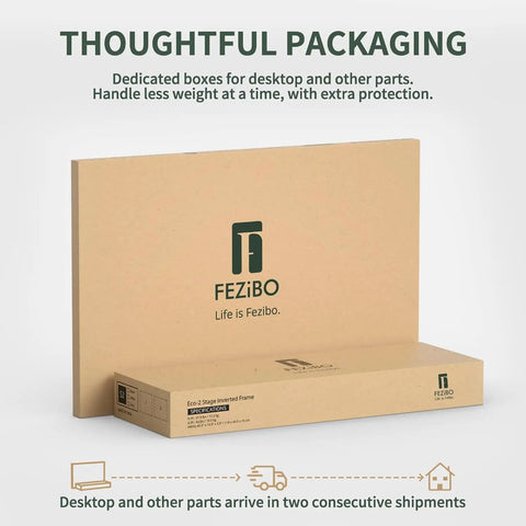 Packaging for Premium FEZIBO Triple Motor L Shaped Electric Standing Desk 63 Inches Wide Corner Gaming Workstation in brown.