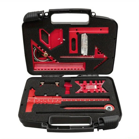 Woodworking Measuring And Scribing Tool Set 9 Piece Precision Kit for Carpentry and DIY Projects in storage box.