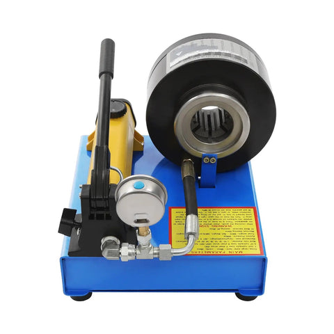 Heavy Duty Hydraulic Hose Crimping Tool Kit With Eight Precision Dies Manual Handheld High Pressure Crimper Machine For Automotive Repairs, front view showing gauge and hydraulic components.