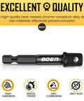 Ten Piece Three Eighths Inch Drive Impact Grade Socket Adapters Set With One Quarter Inch Hex Shank For Quick Change Drills And High Torque Impact Wrenches SAE Bit Adapters For Power Drill To Wrench, chrome-vanadium alloy steel, anti-corrosion and anti-rust properties displayed
