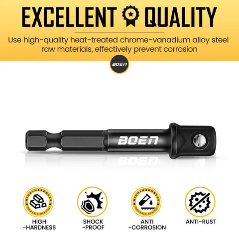Ten Piece Three Eighths Inch Drive Impact Grade Socket Adapters Set With One Quarter Inch Hex Shank For Quick Change Drills And High Torque Impact Wrenches SAE Bit Adapters For Power Drill To Wrench, chrome-vanadium alloy steel, anti-corrosion and anti-rust properties displayed