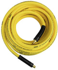 Built Different Three Eighth Inch By Fifty Foot Premium Hybrid Air Hose coiled with solid brass fittings for efficient air flow.