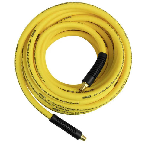 Built Different Three Eighth Inch By Fifty Foot Premium Hybrid Air Hose coiled with solid brass fittings for efficient air flow.