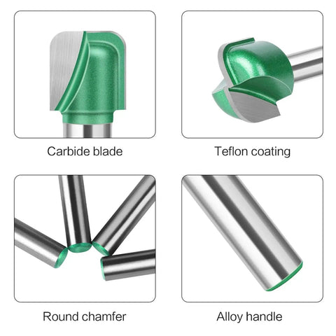 Heavy Duty 8mm Shank Solid Carbide Round Nose Router Bit For Woodworking CNC Bowl Tray Milling Cutter showing carbide blade and teflon coating.