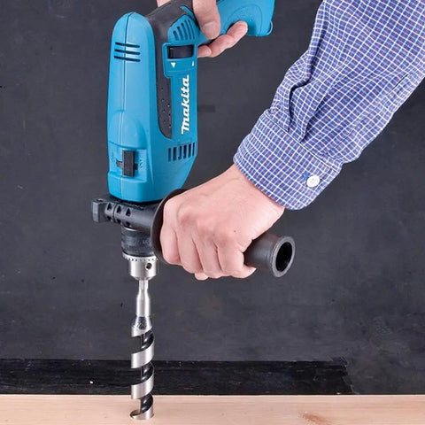 Five Eighth Inch Hammer Drill for Concrete and Wood in use on wooden board, showing durable build and pro grade performance.