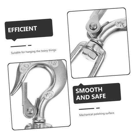 Close-up of Rock Solid 304 Stainless Steel Swivel Eye Lifting Hook With Slick Safety Latch showing polished surface and safety latch.