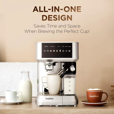 Smash Your Daily Grind With This Straight Up Smooth All In One Espresso And Cappuccino Coffee Maker showing brewing process with milk frother.