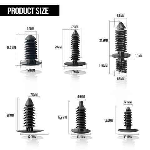 Street Legit 146 Piece Nylon Auto Body Clips for Bumper Shield Retainers showing size dimensions of fasteners in millimeters.