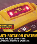 Close-up of Top Shelf 20V MAX Cordless Hammer Drill's anti-rotation system control panel with warning light, designed for safety.