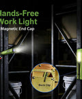 1300 Lumen Rechargeable EDC Flashlight With UV Light Green Beam Side Flood Light And Digital Display Magnetic Pocket Light for hands-free use with magnetic end cap on metal surface, inset showing back clip.