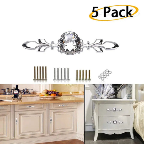 Crystal Glass Diamond Cabinet Knobs With Plates And Screws Set Of 5 for drawers, showing installation on furniture.