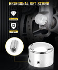 Chrome Front Axle Nut Covers For Harley Davidson Touring Softail Dyna VRSC Sportster And XL Models 2002 2024, hexagonal screw detail