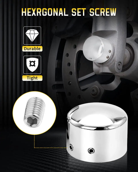 Chrome Front Axle Nut Covers For Harley Davidson Touring Softail Dyna VRSC Sportster And XL Models 2002 2024, hexagonal screw detail