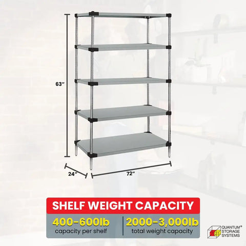 Rock Hard 304 Stainless Steel Shelving With Five Solid Shelves Marine Edge Lip Heavy Duty Starter Kit 63X72X24 Inches Badass Durability No Sweat Stability Garage Ready Beast of a Rack