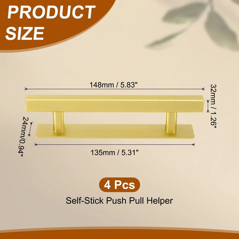 Four Pack Self Stick Push Pull Cabinet Door Handles No Drill Adhesive 6 Inch Rectangle gold handle 148x32mm, 135x24mm