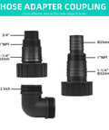 Hose adapter coupling for 1HP Submersible Sump Pump with 3700GPH flow and auto float switch, showing various outlet sizes.