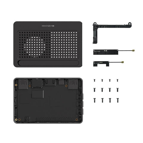 DIY Case 2 Black Plastic Shell For VIMS Single Board Computer With Reusable GPIO Interface Cover and screws laid out