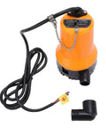 Heavy Duty Submersible Utility Pump With Full Copper Motor 1110 Gph Direct Current Portable Bilge Setup For Pool Draining And Basement Flooding Built Tough To Get The Work Done Right. Orange submersible pump with cord and elbow fitting.