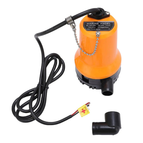 Heavy Duty Submersible Utility Pump With Full Copper Motor 1110 Gph Direct Current Portable Bilge Setup For Pool Draining And Basement Flooding Built Tough To Get The Work Done Right. Orange submersible pump with cord and elbow fitting.