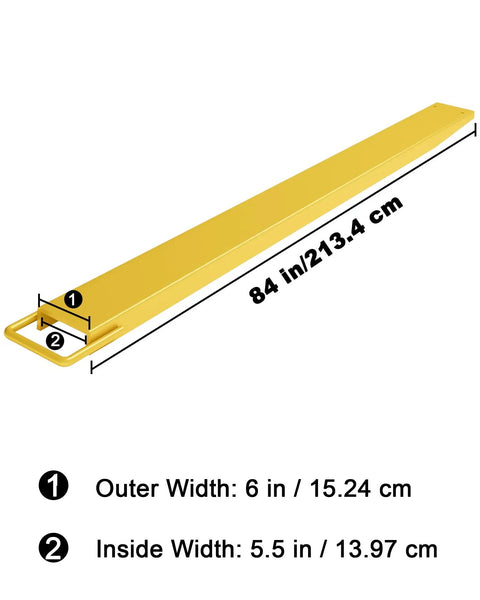 Heavy Duty Forklift Extension, 84 Inch Pallet Fork Extenders With 5.5 Inch Width, showing calibrated dimensions for accurate fitting.
